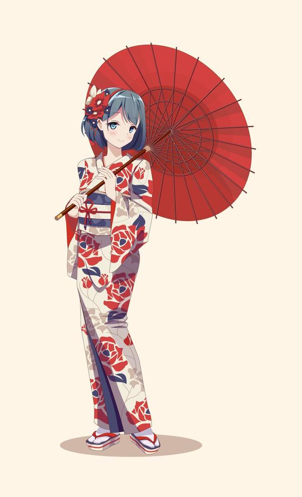 Anime manga girls in traditional Japanese kimono costume holding paper umbrella. Vector illustration on isolated background