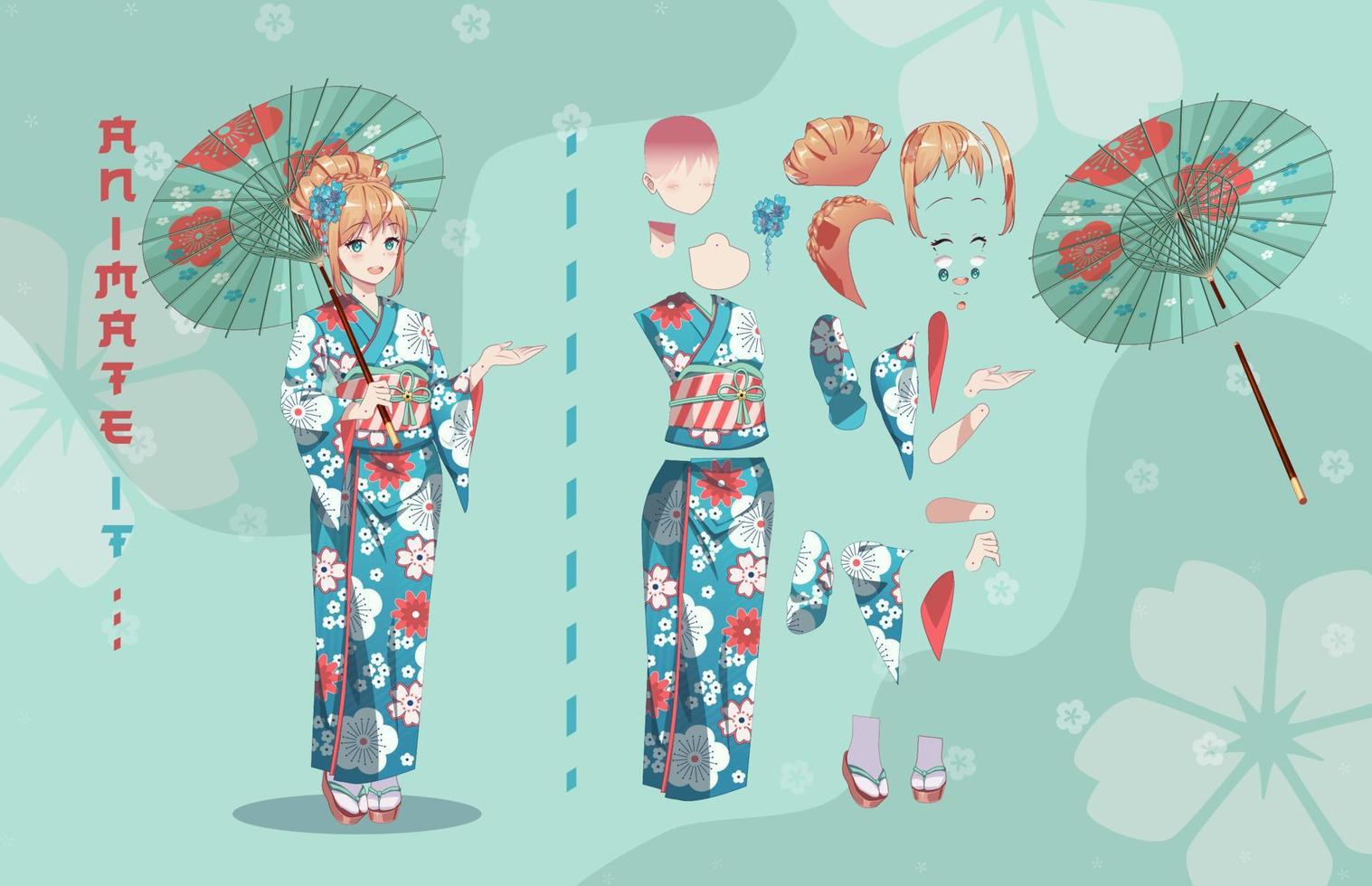 Anime manga girl cartoon characters for animation, motion design kit. Parts of body. Girl or geisha wearing Japanese kimono standing with umbrella vector