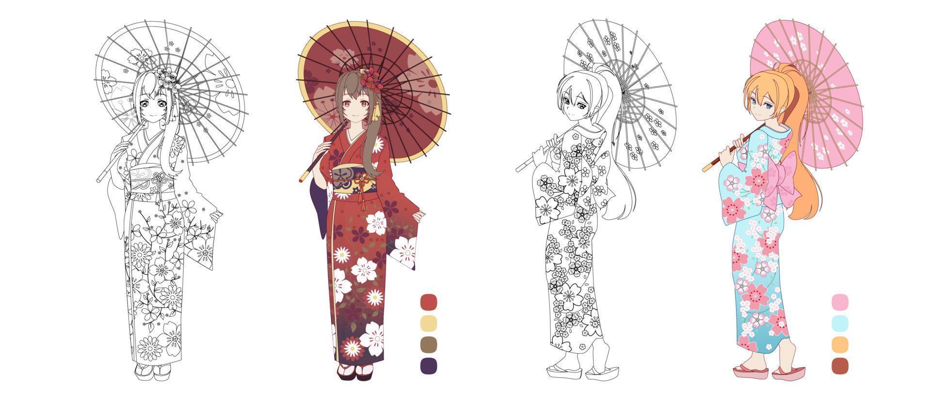 Anime manga girl wearing Japanese kimono. Contour vector illustration for coloring book. Monochrome and colored versions