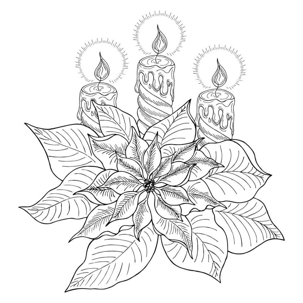 Christmas candles with poinsettias hand-drawn on a white background. vector