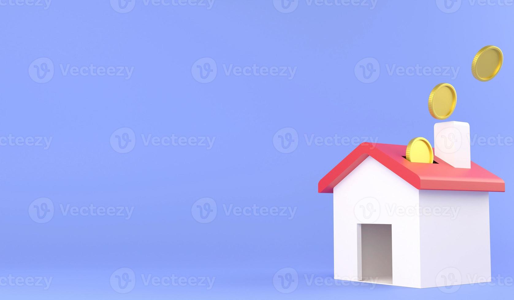3D rendering drop coin to house of piggy bank , 3D illustration saving money and investment of real estate concept photo
