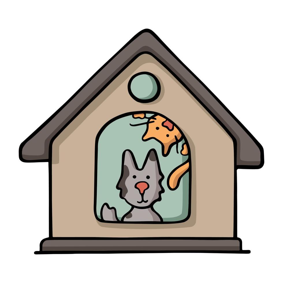 ilustración vectorial en color estilo caricatura dibujada a mano, hotel para mascotas, gato y perro en la casa vector