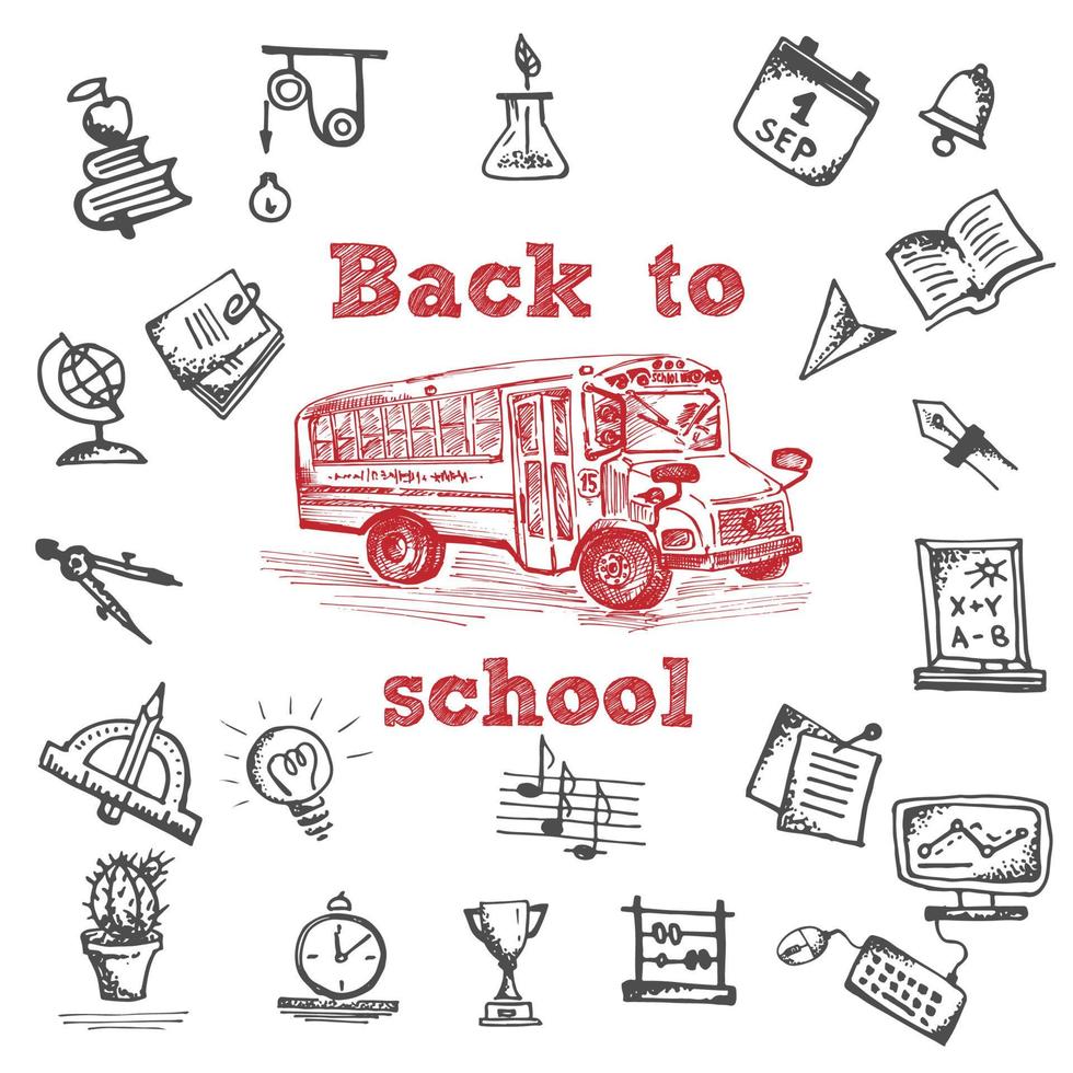 Hand drawn school bus symbol on white background. With text Back to school. Vintage background. Chalkboard design vector