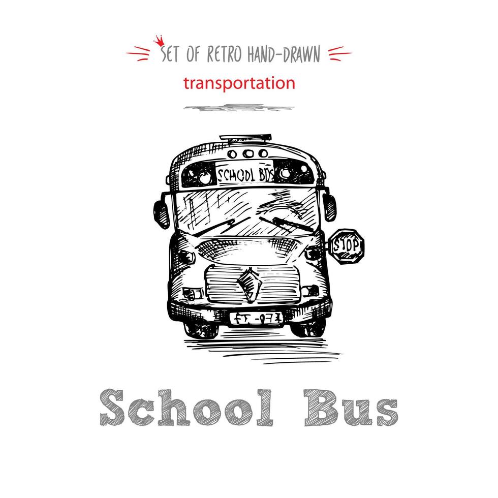 Hand drawn school bus symbol on white background. With text School bus. Vintage background. Good idea for chalkboard design vector