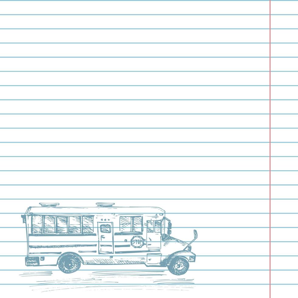 Paper cell notebook with hand drawn sketch yellow school bus symbol Back to school theme Education concept Vintage illustration Graphic art element for Blank design vector