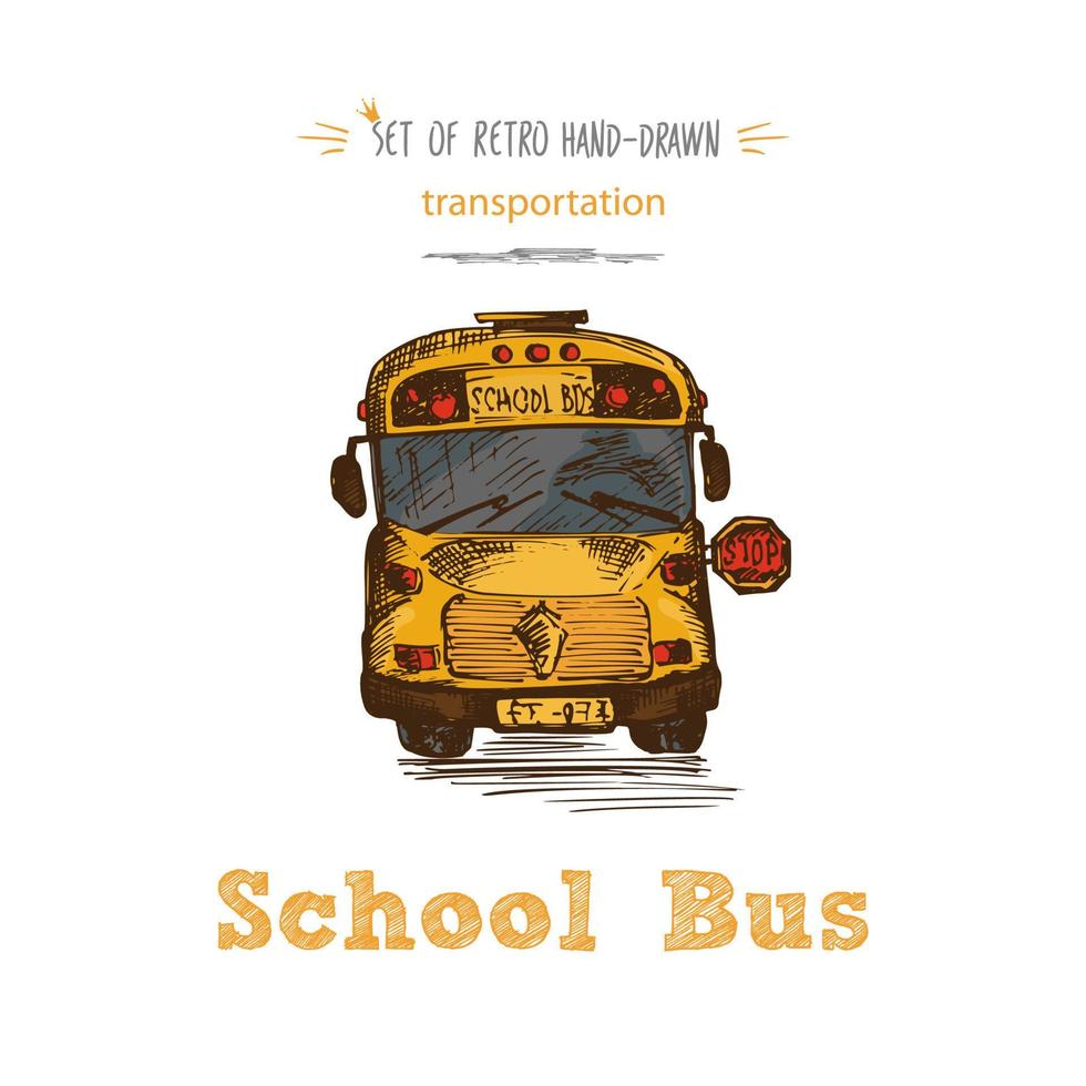 Hand drawn yellow school bus symbol isolated on white background. With text School bus. Vintage background. Good idea for chalkboard design vector