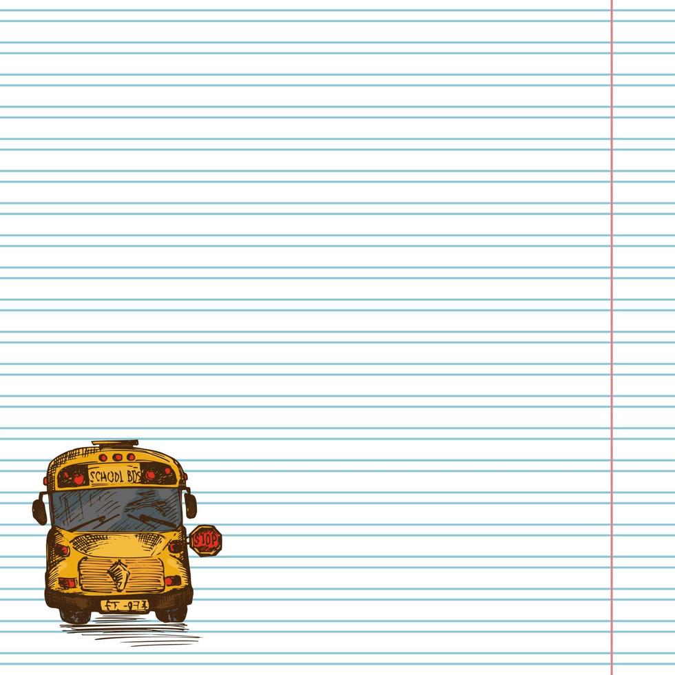 Paper cell notebook with hand drawn sketch yellow school bus symbol Back to school theme Education concept Vintage illustration Graphic art element for Blank design vector