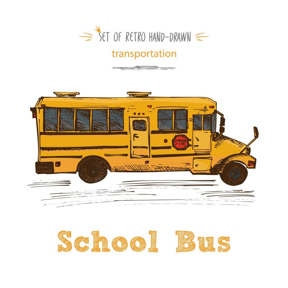 símbolo de autobús escolar amarillo dibujado a mano aislado sobre fondo blanco. con autobús escolar de texto. fondo de la vendimia buena idea para el diseño de pizarra vector