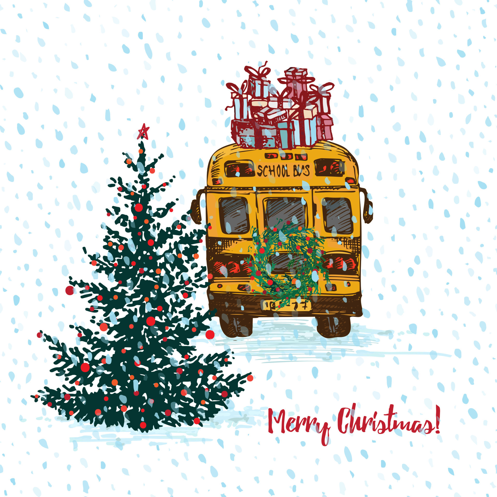 Festive Christmas card. Yellow school bus with fir tree decorated red balls and gifts on roof