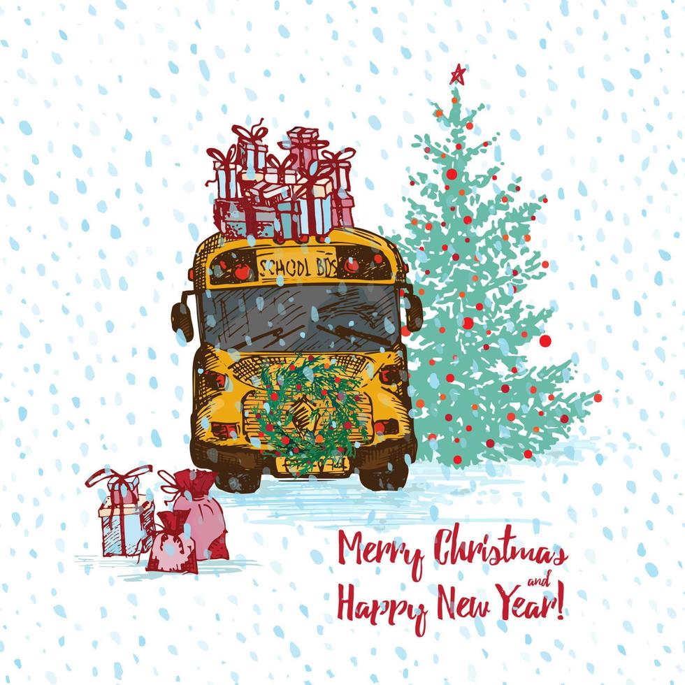 Festive Christmas card. Yellow school bus with fir tree decorated red balls and gifts on roof. White snowy seamless background and text Merry Christmas. vector