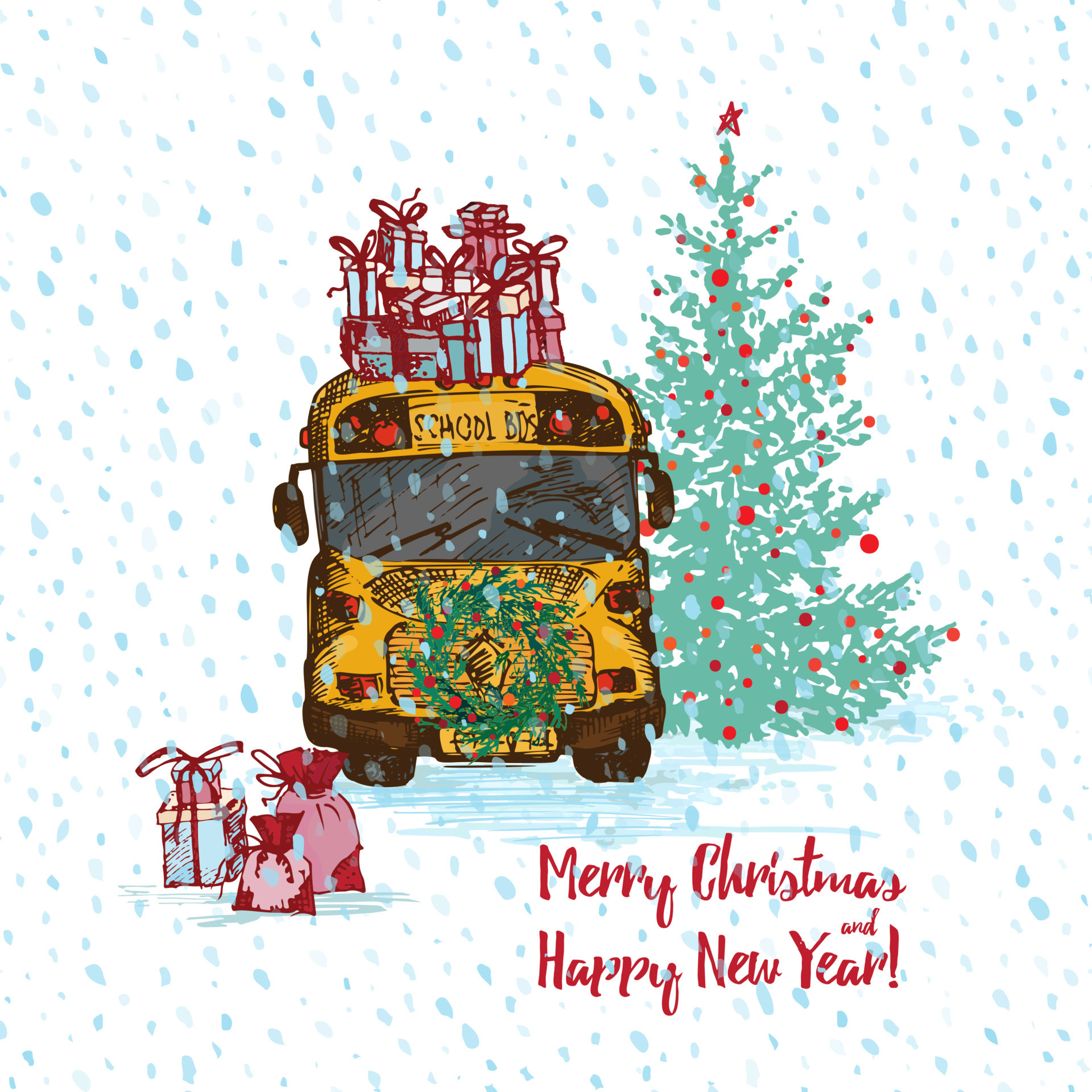 Festive Christmas card. Yellow school bus with fir tree decorated red balls and gifts on roof