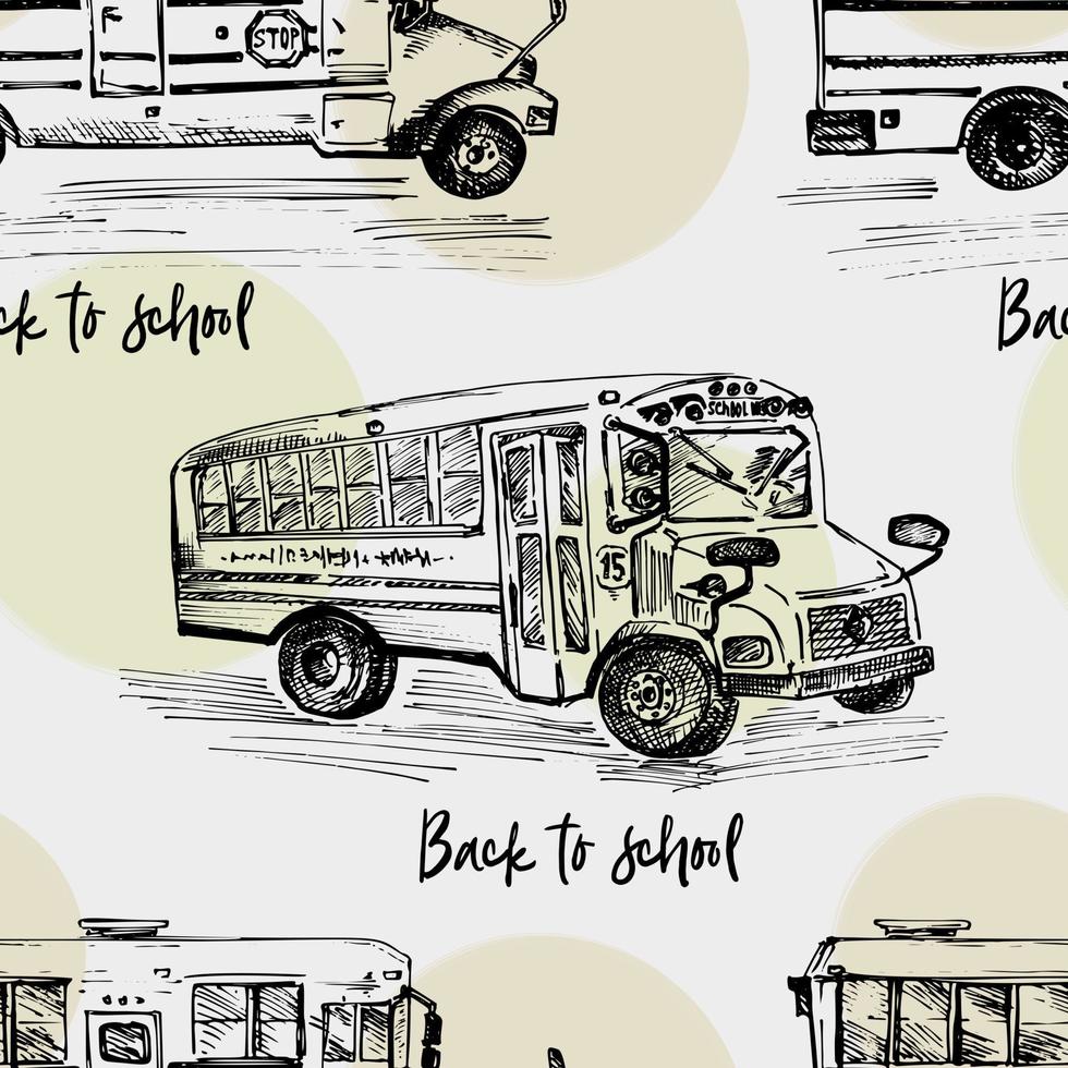 Seamless pattern with hand-drawn sketch bus, isolated background Back to school theme, education concept Black and white vintage illustration. Graphic art element for textile design, wallpaper vector