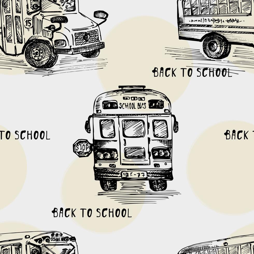 Seamless pattern with hand-drawn sketch bus, isolated background Back to school theme, education concept Black and white vintage illustration. Graphic art element for textile design, wallpaper vector