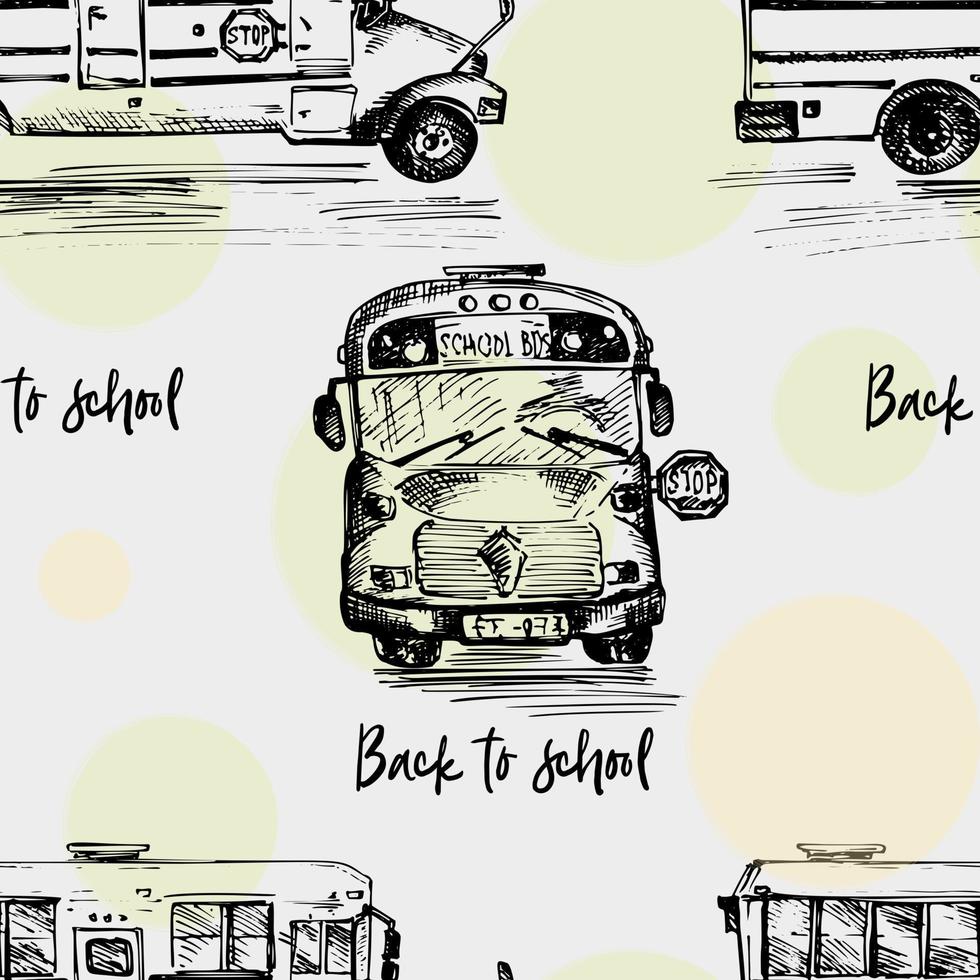 Seamless pattern with hand-drawn sketch bus, isolated background Back to school theme, education concept Black and white vintage illustration. Graphic art element for textile design, wallpaper vector