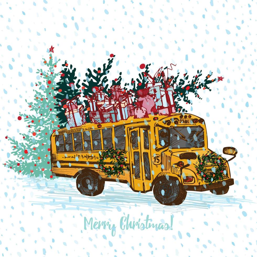 Festive Christmas card. Yellow school bus with fir tree decorated red balls and gifts on roof. White snowy seamless background and text Merry Christmas. vector