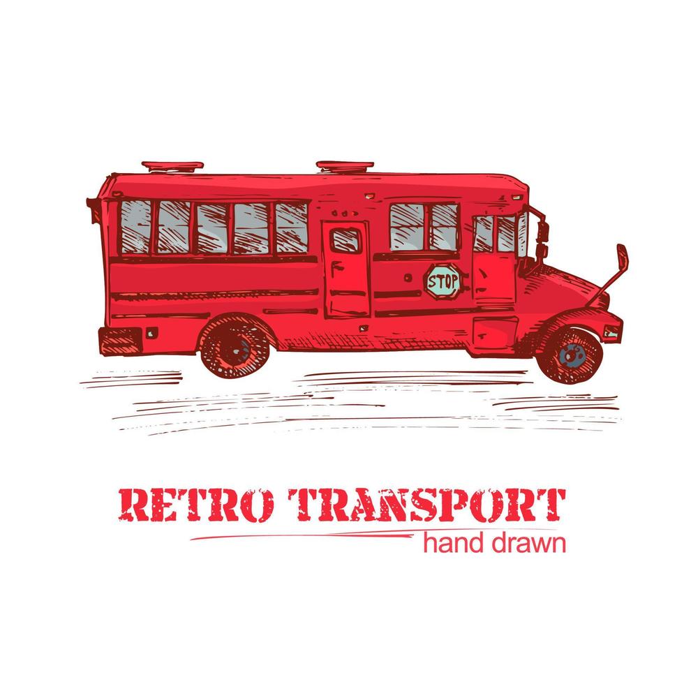 Hand drawn red retro bus isolated on white background. Vintage truck in sketch style. Art design for poster, flayer, banner. Illustration vector
