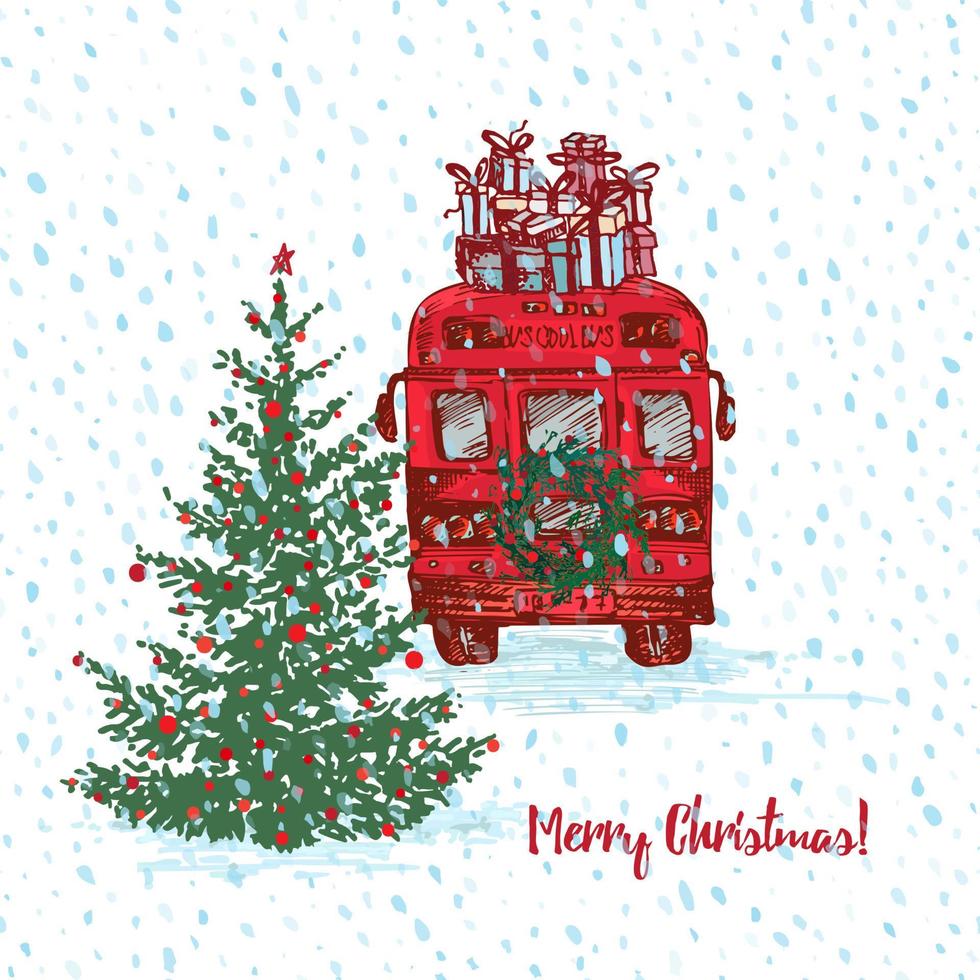 Christmas Red bus with fir tree decorated balls and gifts on roof. White snowy seamless background and text Merry Christmas and Happy New Year. Greeting card. Illustrations vector