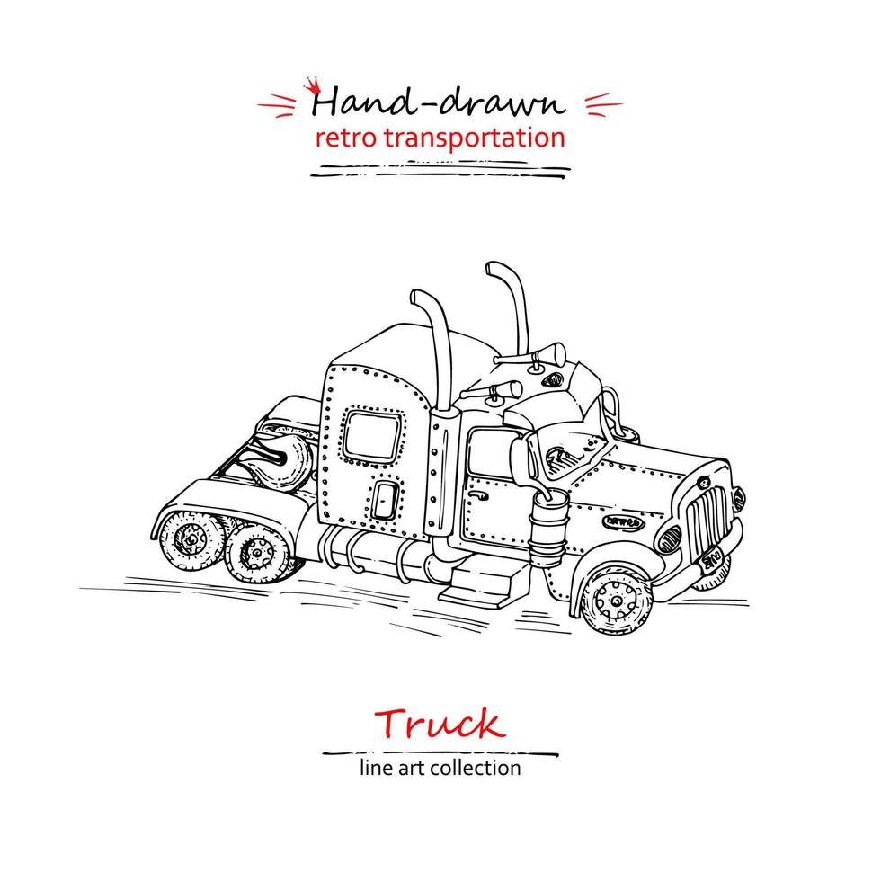 Hand drawn truck isolated on white background. Vintage sketch lorry transport. Large Industrial car, giant machine. Line art style. vector