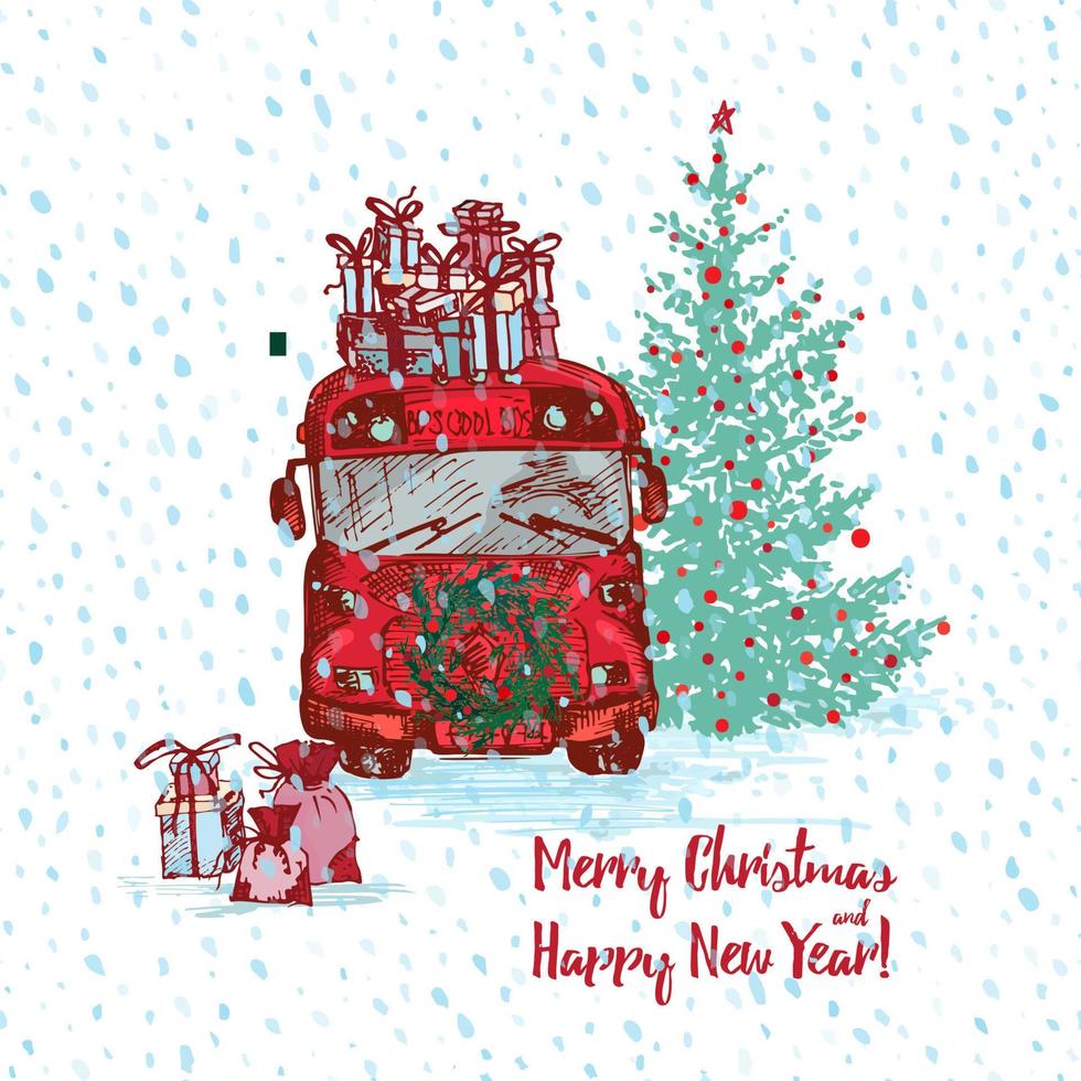 Christmas Red bus with fir tree decorated balls and gifts on roof. White snowy seamless background and text Merry Christmas and Happy New Year. Greeting card. Illustrations vector