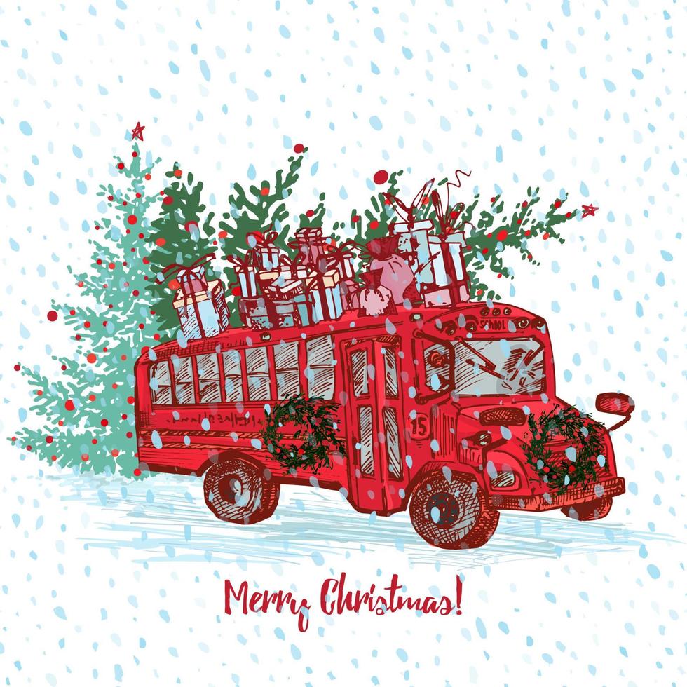 Christmas Red bus with fir tree decorated balls and gifts on roof. White snowy seamless background and text Merry Christmas and Happy New Year. Greeting card. Illustrations vector