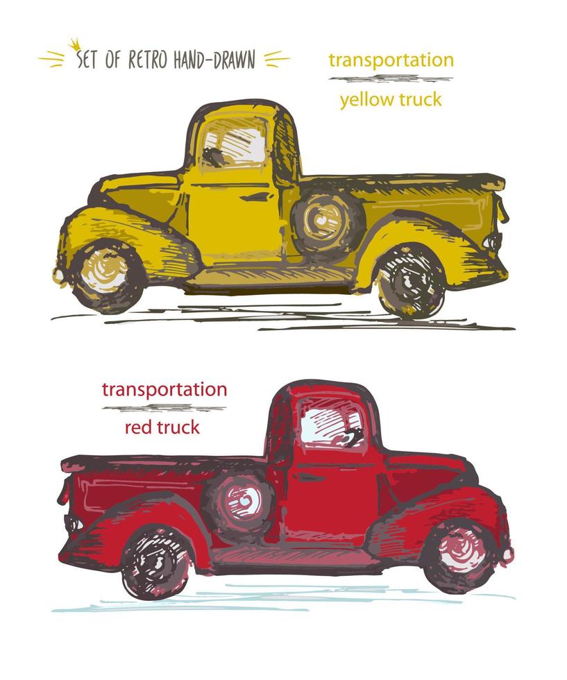 conjunto de camiones rojos y amarillos dibujados a mano. boceto de pincel de tinta vector