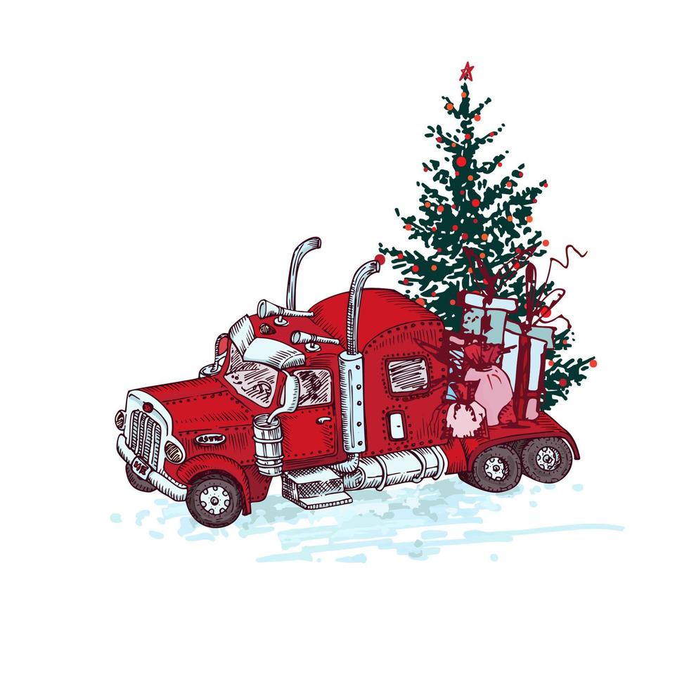 Hand drawn red truck with christmas tree and gifts isolated on white background. Vintage sketch xmas lorry transport. Large Industrial car, giant machine. Engraving art style vector