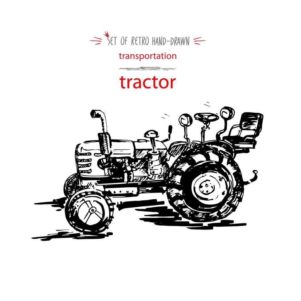 Hand-drawn vintage transport tractor. Quick ink sketch. Vector black illustration isolated on white background