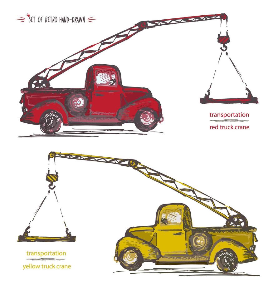 Set of hand-drawn red and yellow truck cranes. Ink brush sketch vector