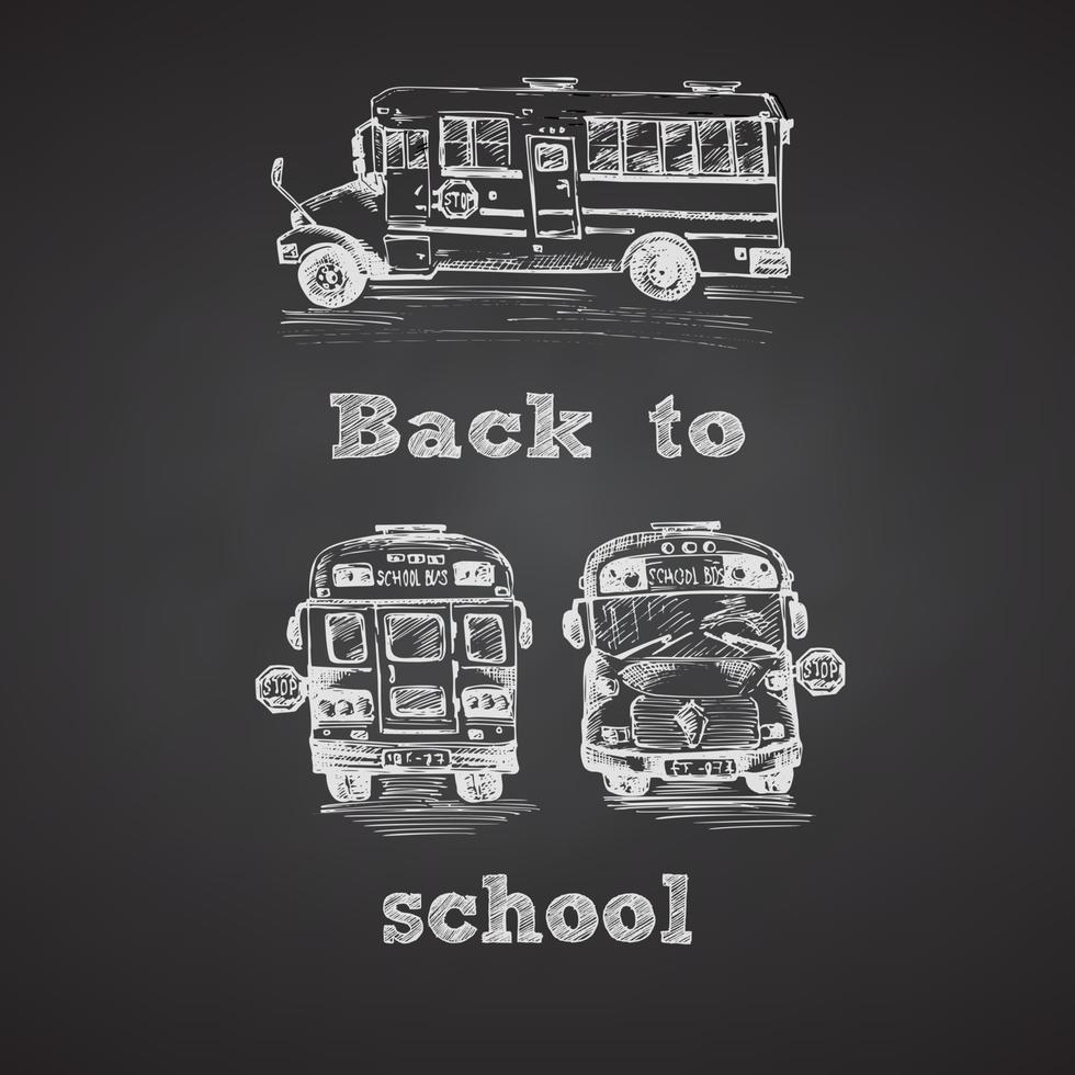 Hand drawn school bus symbol on black chalkboard. With text Back to school. Vintage background. Retro design vector