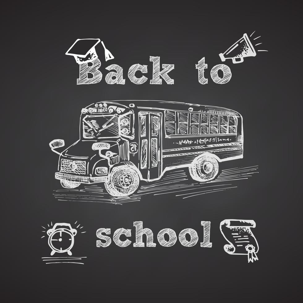 Hand drawn school bus symbol on black chalkboard. With text Back to school. Vintage background. Chalkboard design vector