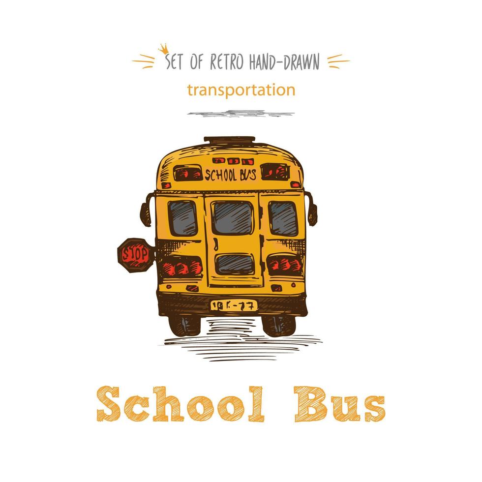 Hand drawn yellow school bus symbol isolated on white background. With text School bus. Vintage background. Good idea for chalkboard design vector