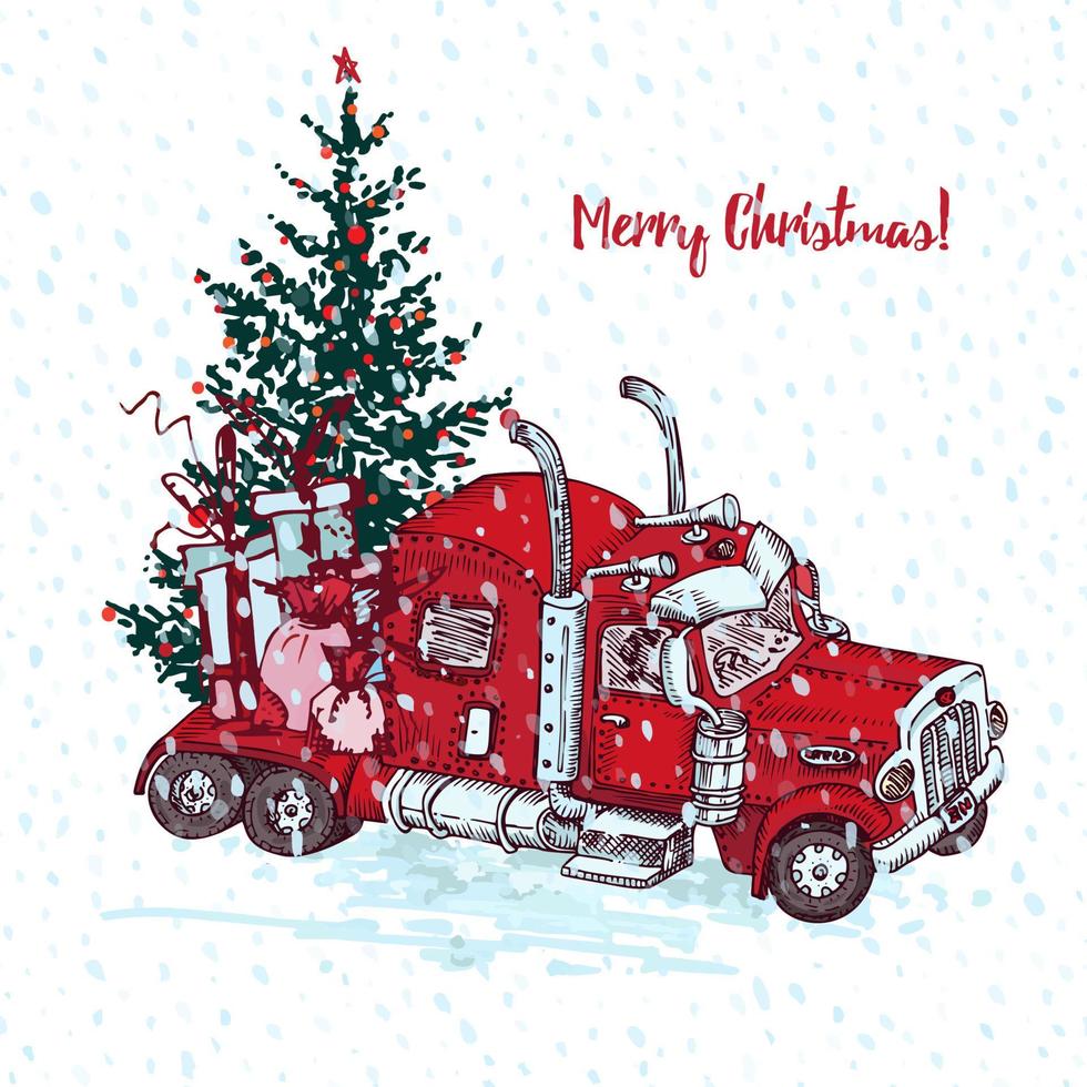 tarjeta de vacaciones carro rojo dibujado a mano con árbol de navidad y regalos aislados sobre fondo blanco. transporte de camión de Navidad de boceto vintage. gran coche industrial, máquina gigante. estilo de arte de grabado vector