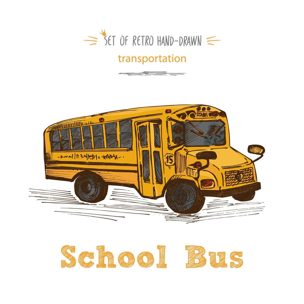 símbolo de autobús escolar amarillo dibujado a mano aislado sobre fondo blanco. con autobús escolar de texto. fondo de la vendimia buena idea para el diseño de pizarra vector