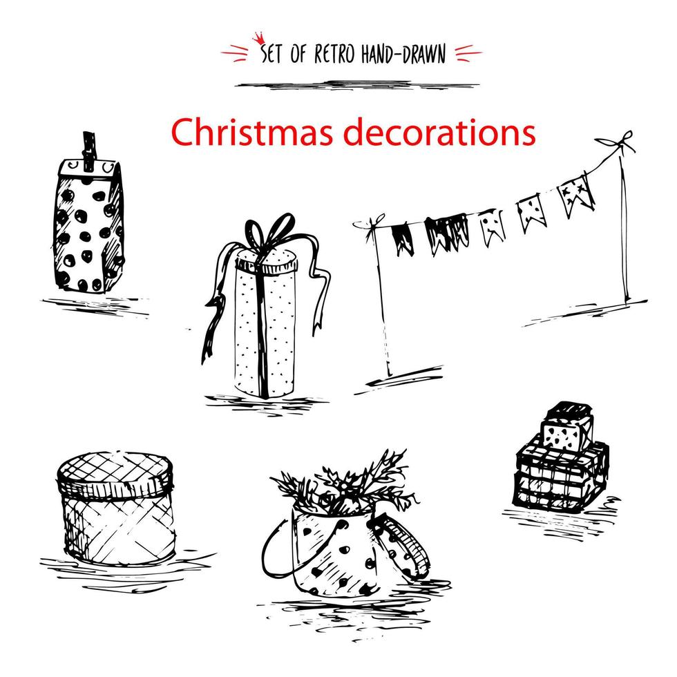 conjunto de vacaciones de invierno, decoración de feliz navidad boceto tinta estilo dibujado a mano. aislado en fondo blanco para el diseño de año nuevo o navidad, pancarta, guirnalda, postal, adorno vector