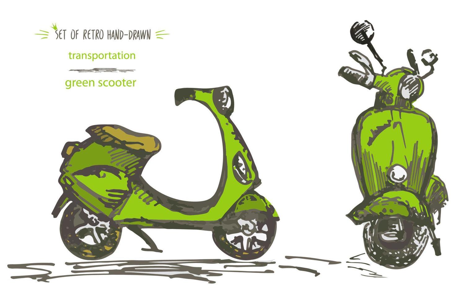 Set of hand-drawn green scooters. Ink brush sketch vector