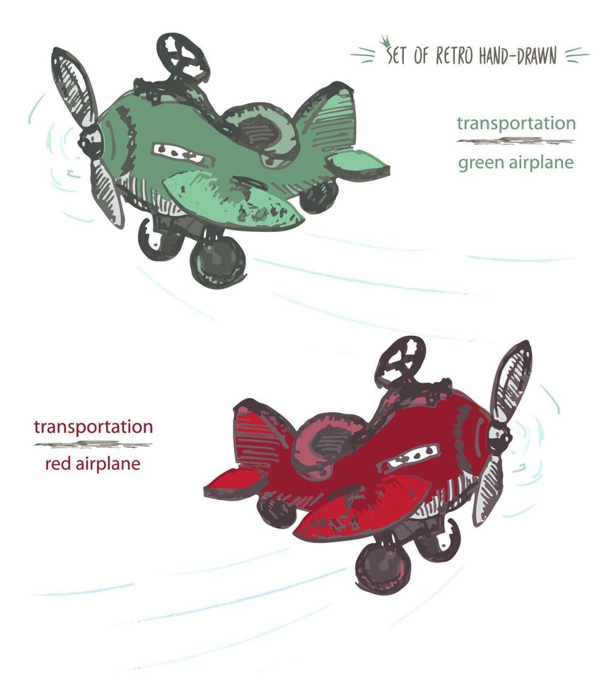 Set of hand-drawn red and green airplane. Ink brush sketch vector