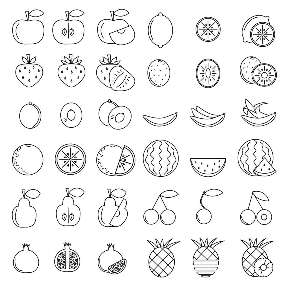 Fruits icons set, collection of linear contour symbols with whole and halved fruits for design vector