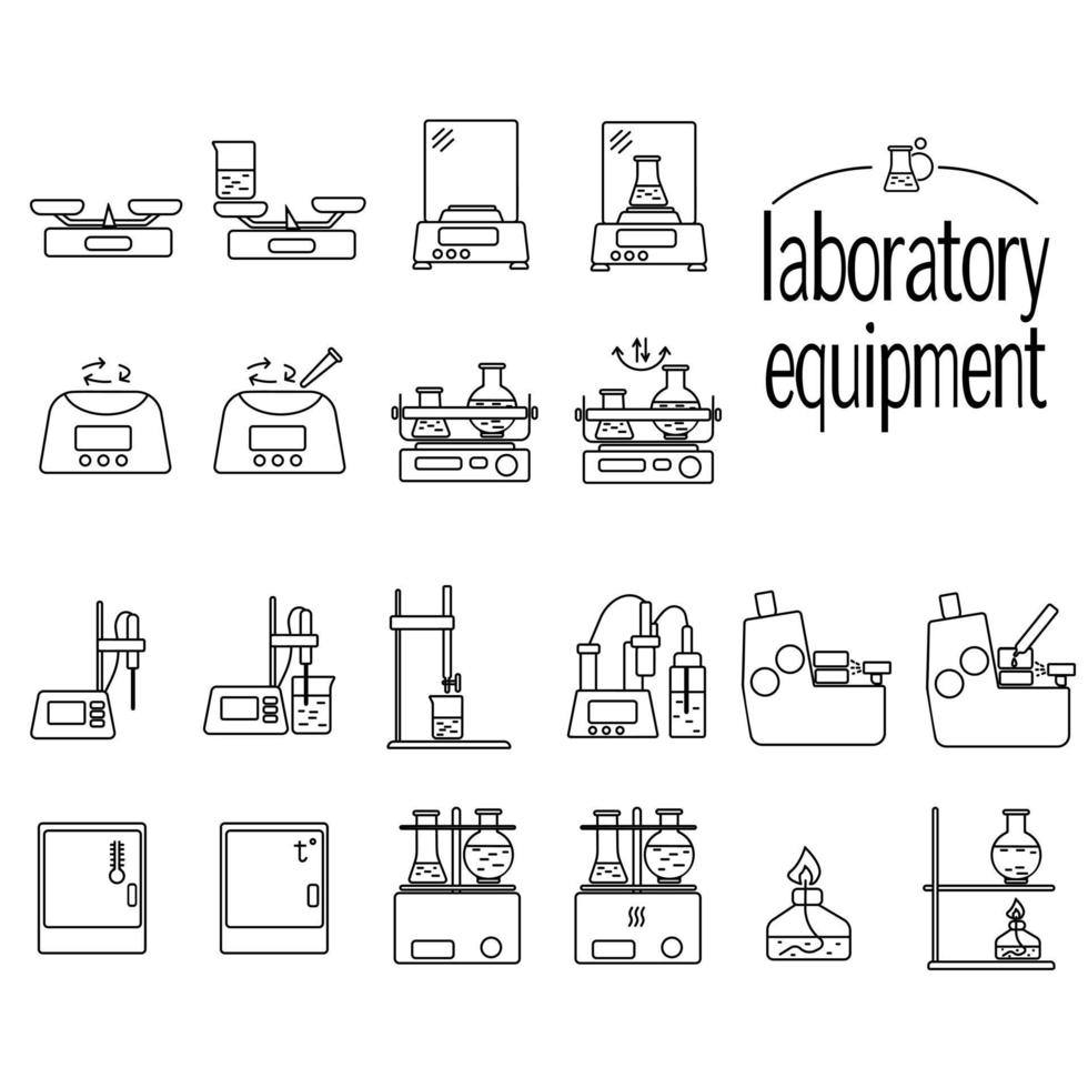 equipo de laboratorio conjunto de iconos lineales, instrumentos para laboratorio biológico, químico o bioquímico vector