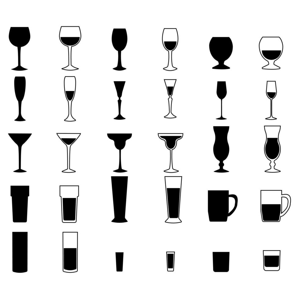 A set of silhouettes of glasses, alcoholic drinks in glasses of various sizes and shapes, two types of icons vector