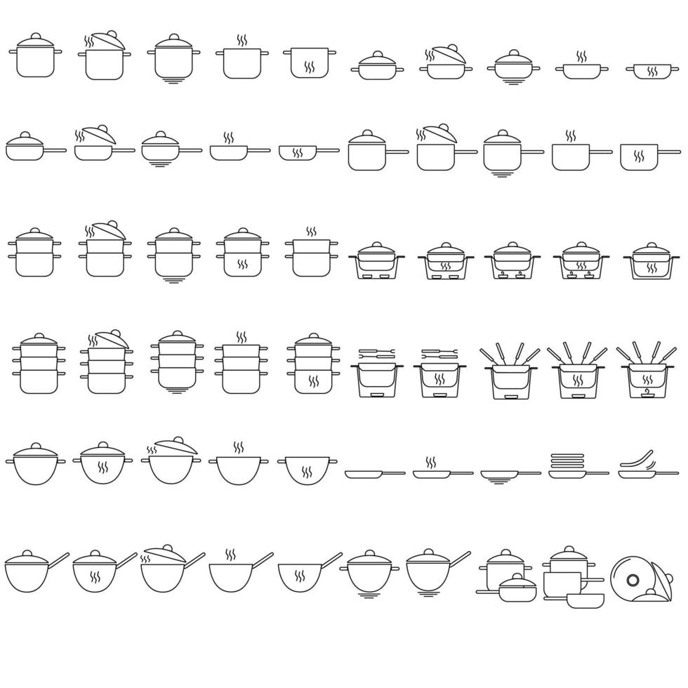 utensilios de cocina para cocinar íconos lineales establecidos en estilo de esquema, varios tipos de sartenes y recipientes para cocinar y calentar vector