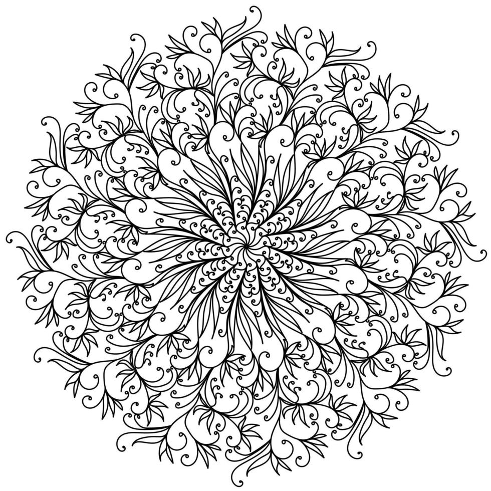 Contour mandala of herbal and floral doodles with swirls, meditative coloring page with ornate patterns vector