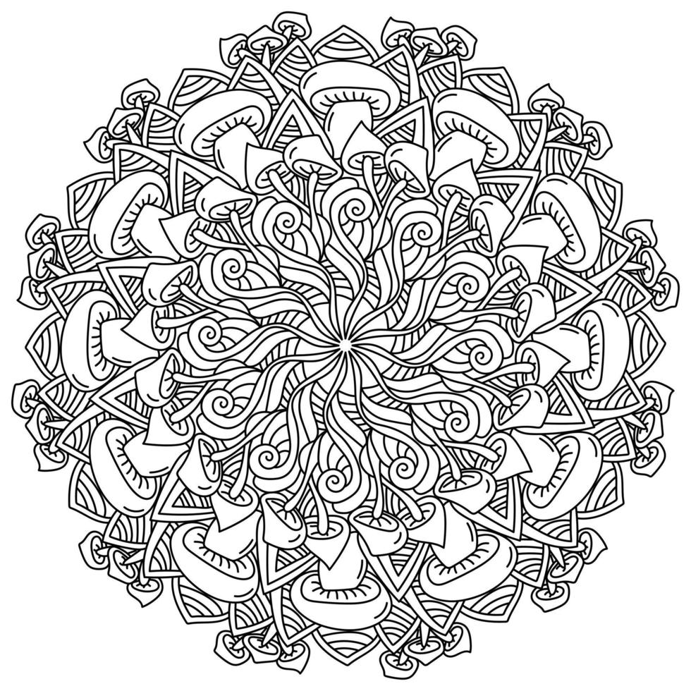 Mandala with mushrooms and patterns, meditative coloring page with fantasy and natural elements vector
