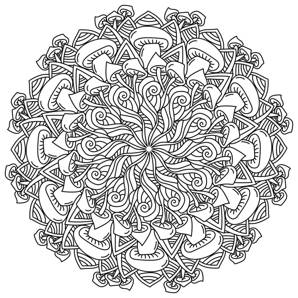 mandala con setas y patrones, página de coloración meditativa con fantasía y elementos naturales vector