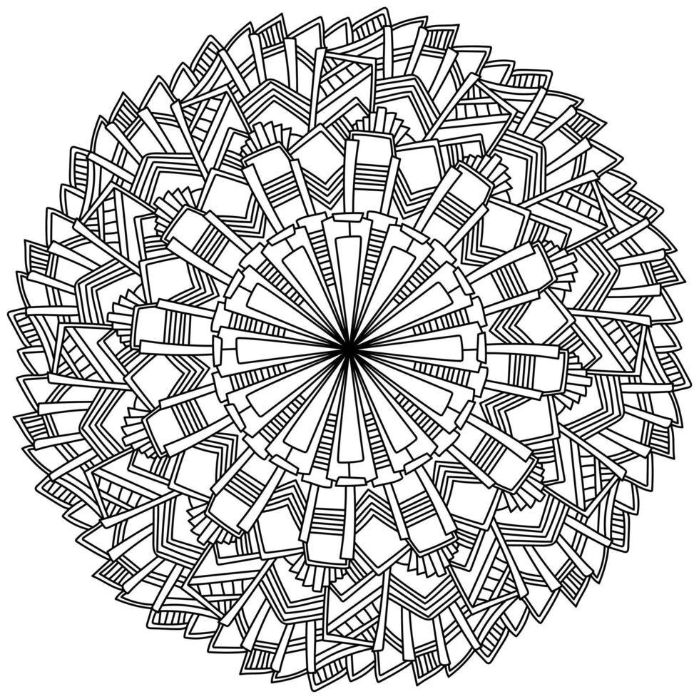 Round mandala with rectangular elements, zen coloring page with striped patterns vector