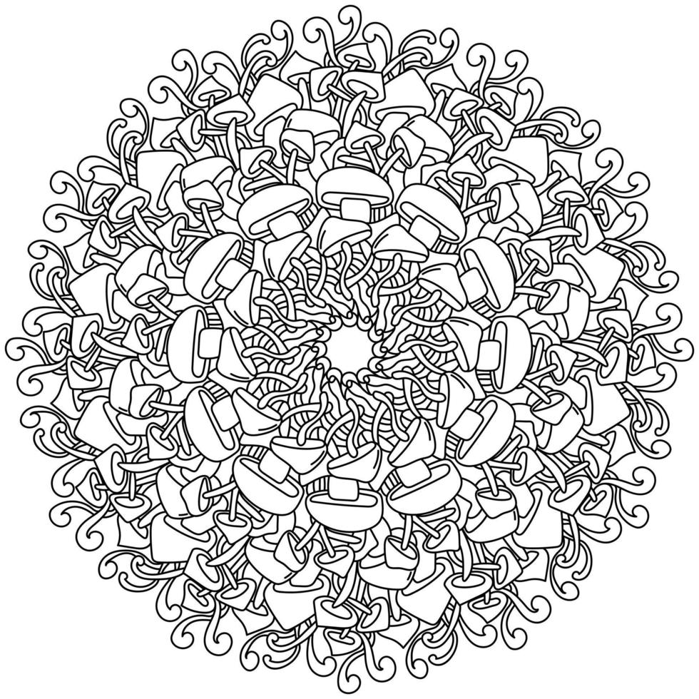 Contour mandala of various mushrooms, meditative coloring page with natural elements vector
