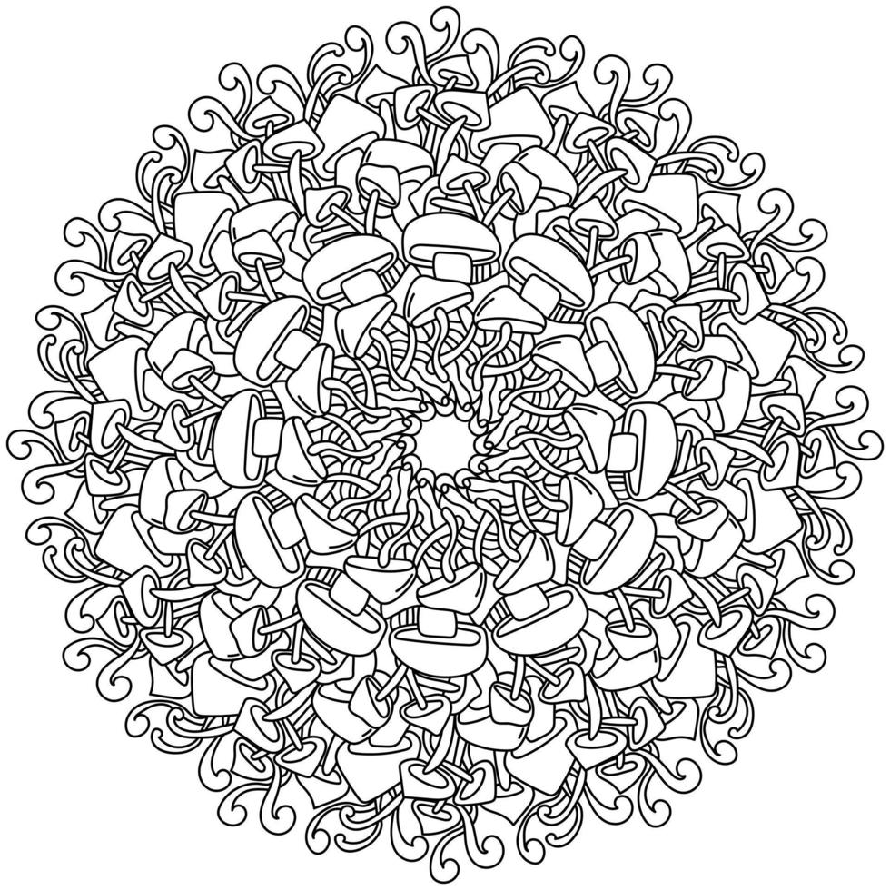 Contour mandala of various mushrooms, meditative coloring page with natural elements vector