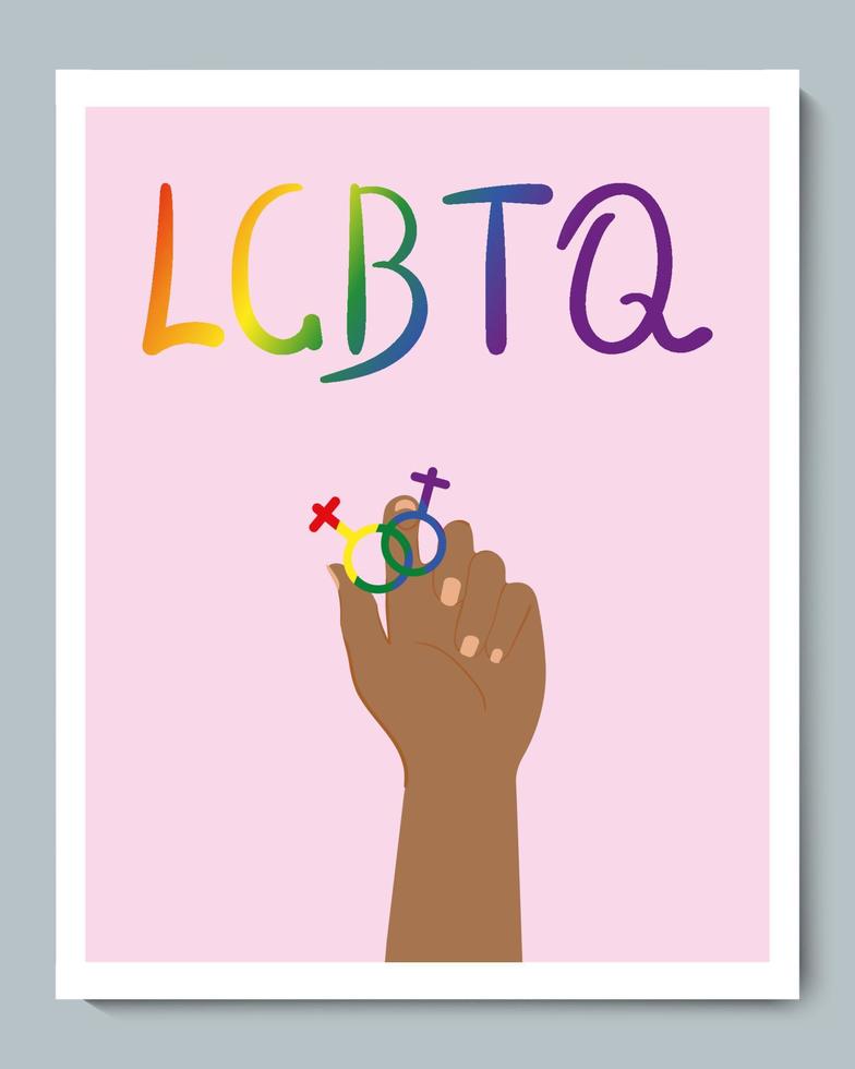Black Hand with Rainbow Gender Symbol and Doodle Inscription LGBTQ vector
