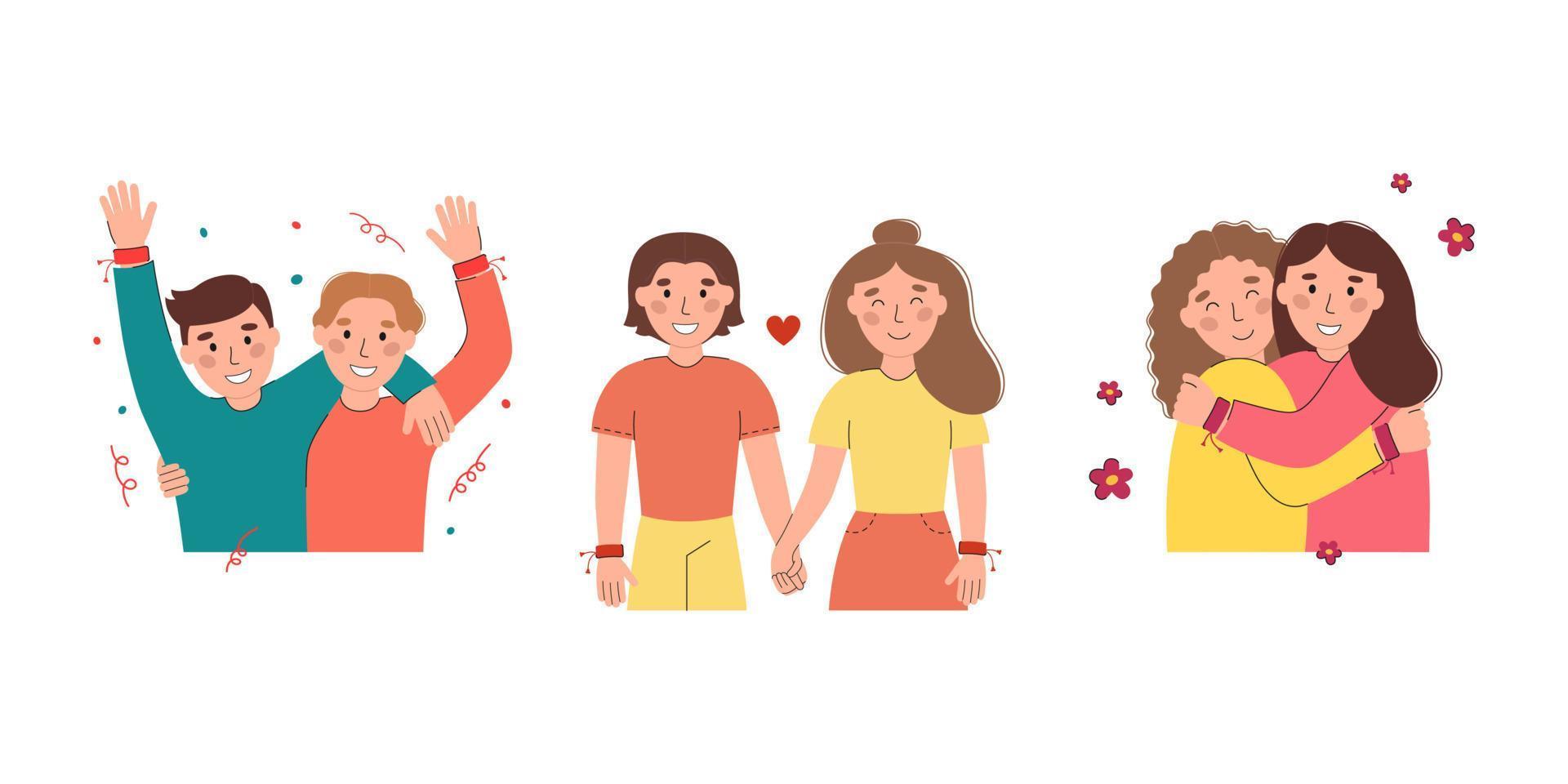 Set of happy friends in friendship bracelets vector flat illustration. International Friendship Day banner design. Smiling people isolated on white background. DIY wristband