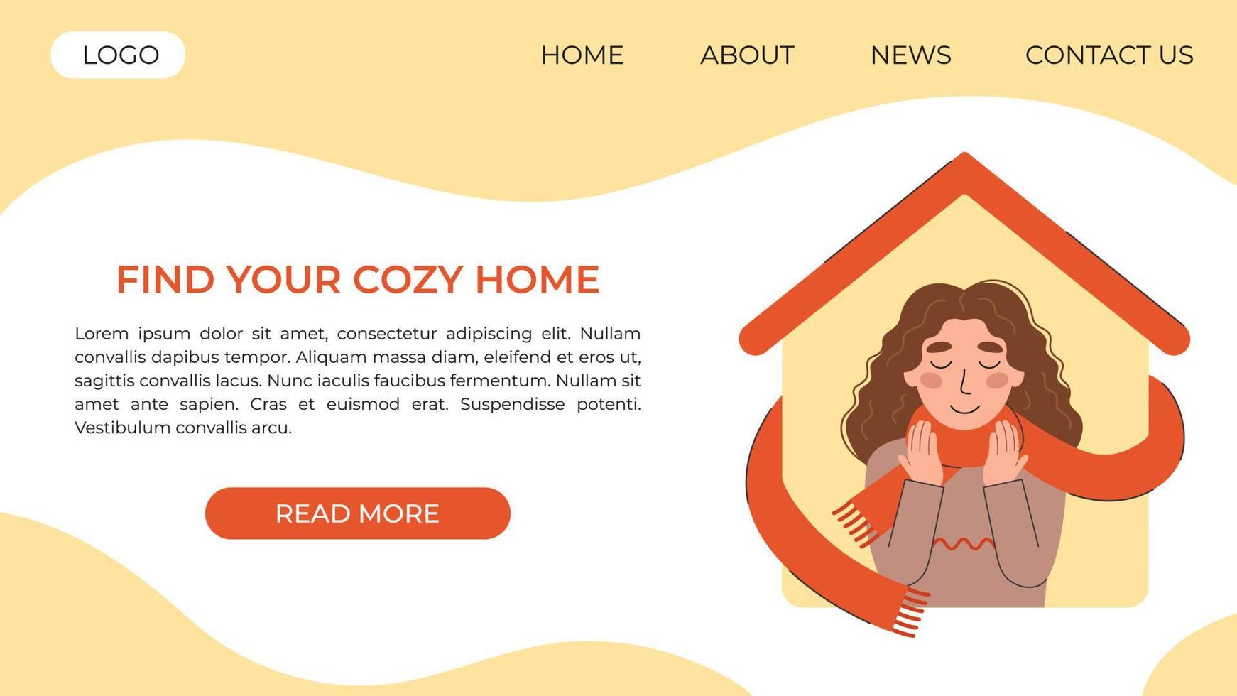 Happy girl in a scarf on the background of her house. Cozy home concept vector illustration. Landing page or website template