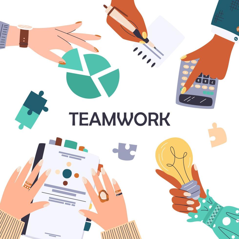 Teamwork and collaboration concept with different female hands and business related objects. Businesswomen in communication and brainstorming about project. Unity vector hand drawn flat illustration